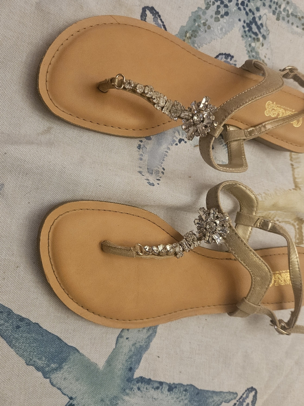 Gold Jeweled T-Strap Women’s Sandals -Elegant Dress Sandals. Very Good Condition